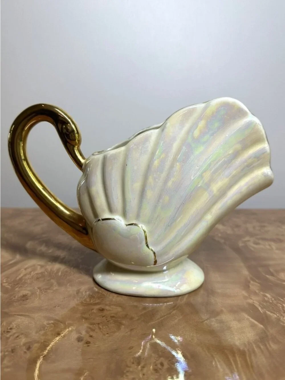 Vintage Lustreware Cornucopia Gravy Boat Swan Handle 22K Gold Trim Iridescent